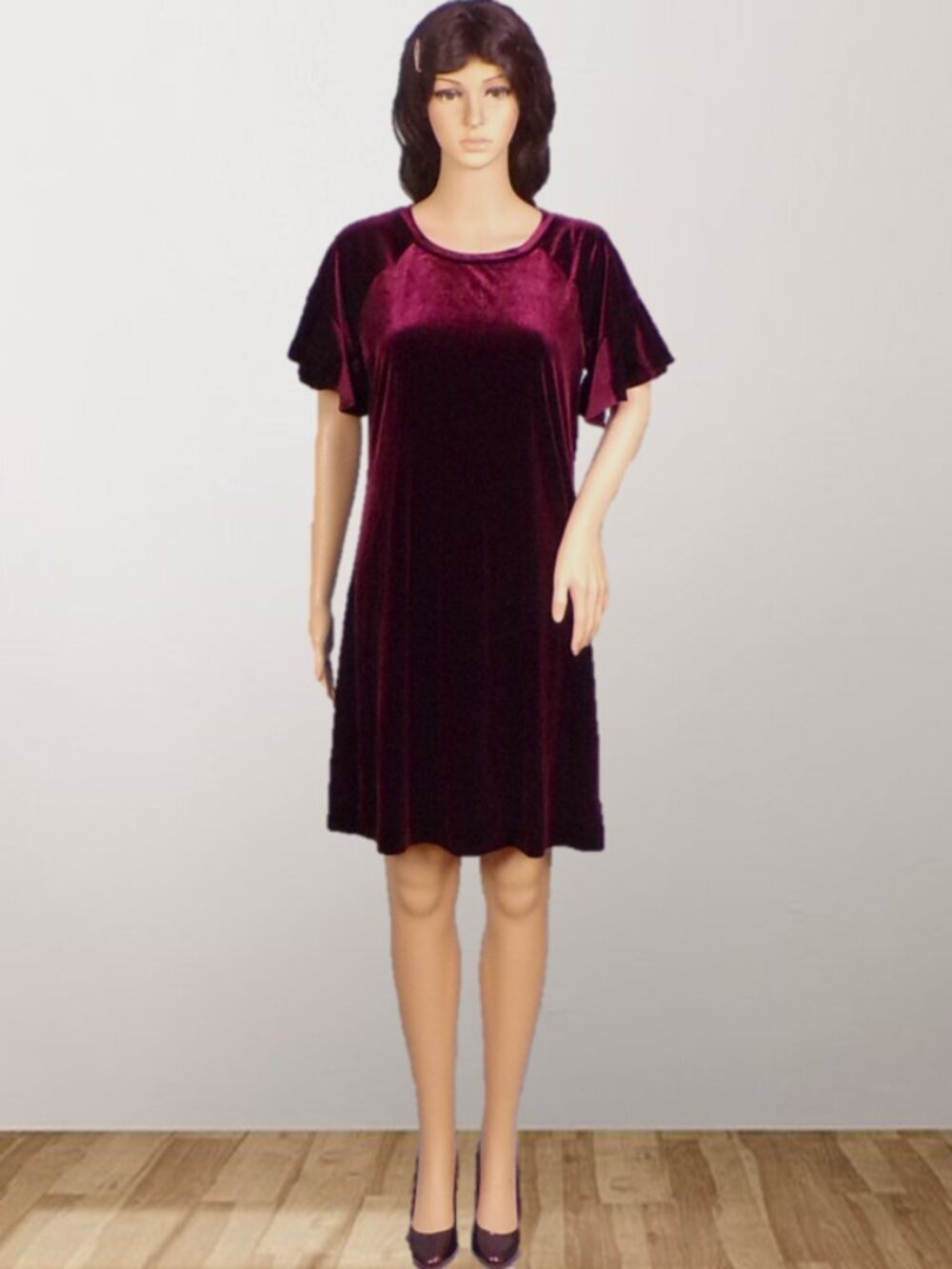 WORTHINGTON size M burgundy velvet short-sleeve sheath dress polyester/spandex